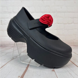Crocs Stomp Rosette Mary Jane Black Red Rose Platform Clog Sandals M Sz 6/W Sz 8